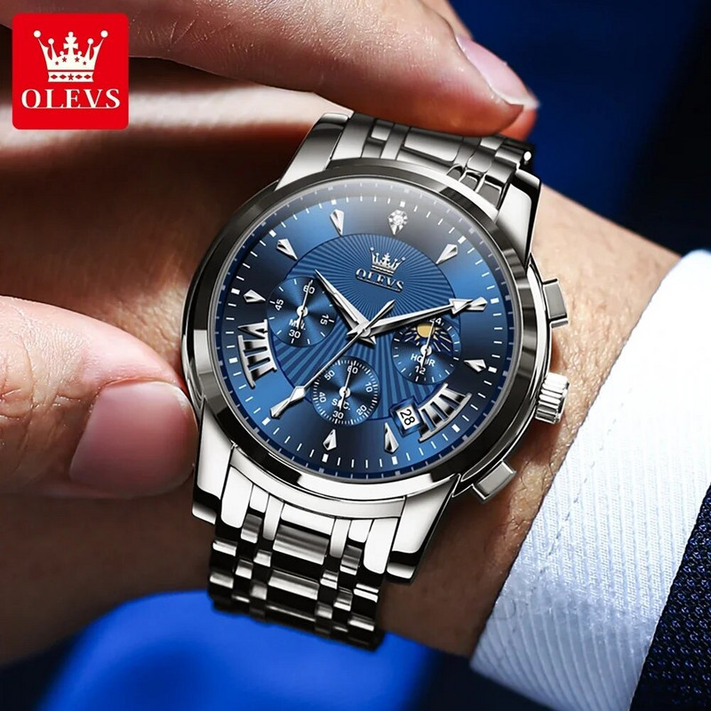 OLEVS 2892 daugiafunkciniai vandeniui atsparūs vyriški laikrodžiai, nerūdijančio plieno dirželiai, kvarciniai mados vyriški rankiniai laikrodžiai Moon Phase