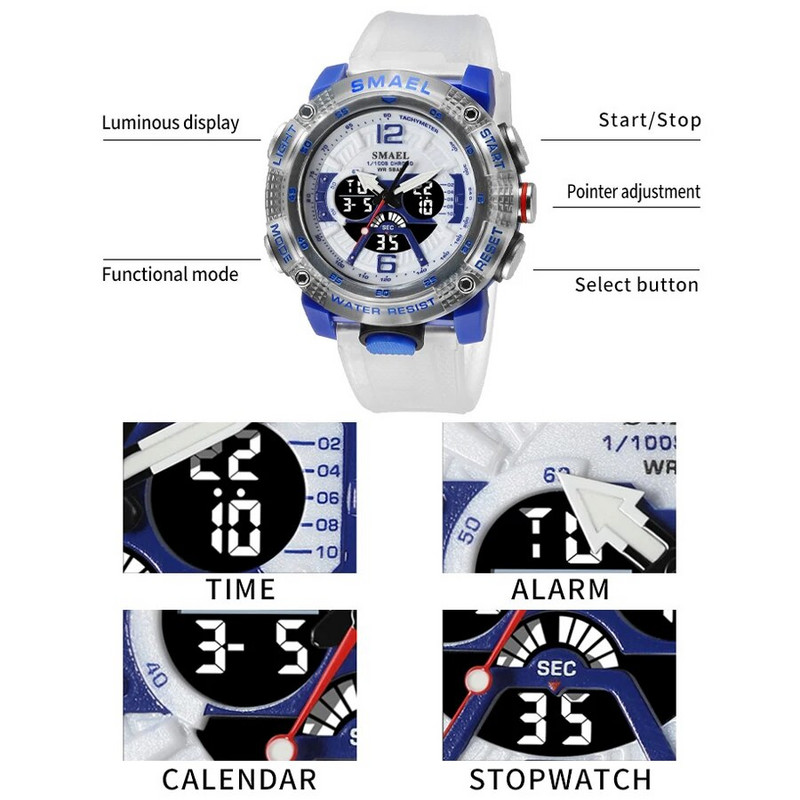 SMAEL Sportski satovi Muški sat Digitalni LED zaslon Kvarc Analogna štoperica Modni sat s prozirnim remenom 8058 Muški ručni sat