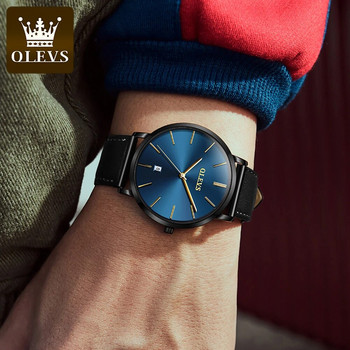 Оригинален кварцов часовник OLEVS за мъже Водоустойчив мъжки часовник 6,5 мм Ултра тънък дата с кожена каишка Ръчен часовник Мъжки бизнес часовник