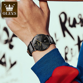 Оригинален кварцов часовник OLEVS за мъже Водоустойчив мъжки часовник 6,5 мм Ултра тънък дата с кожена каишка Ръчен часовник Мъжки бизнес часовник