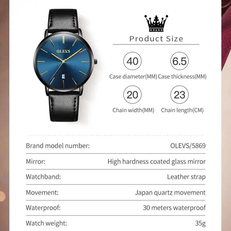 Originalus OLEVS kvarcinis laikrodis vyrams, vandeniui atsparus vyriškas laikrodis, 6,5 mm itin plonas, odinis dirželis, vyriškas verslo laikrodis