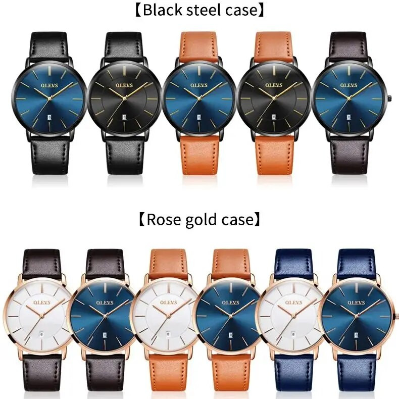 Originalus OLEVS kvarcinis laikrodis vyrams, vandeniui atsparus vyriškas laikrodis, 6,5 mm itin plonas, odinis dirželis, vyriškas verslo laikrodis