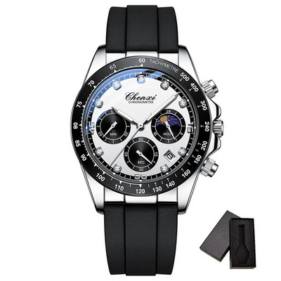 Madingi sidabriniai balti vyriški laisvalaikio laikrodžiai Chronografiniai guminiai dirželiai Prabangūs geriausio prekės ženklo verslo sportinis kvarcinis rankinis laikrodis vyrams