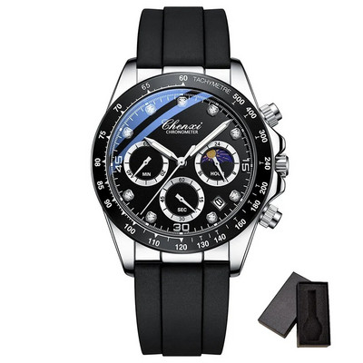 Madingi sidabriniai balti vyriški laisvalaikio laikrodžiai Chronografiniai guminiai dirželiai Prabangūs geriausio prekės ženklo verslo sportinis kvarcinis rankinis laikrodis vyrams