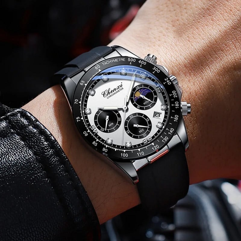 Madingi sidabriniai balti vyriški laisvalaikio laikrodžiai Chronografiniai guminiai dirželiai Prabangūs geriausio prekės ženklo verslo sportinis kvarcinis rankinis laikrodis vyrams