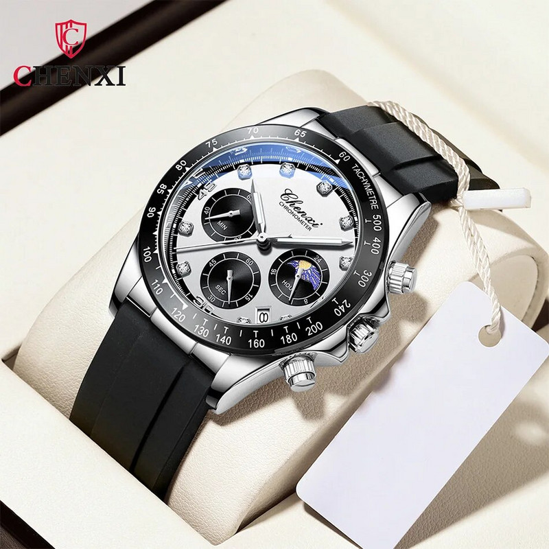 Madingi sidabriniai balti vyriški laisvalaikio laikrodžiai Chronografiniai guminiai dirželiai Prabangūs geriausio prekės ženklo verslo sportinis kvarcinis rankinis laikrodis vyrams