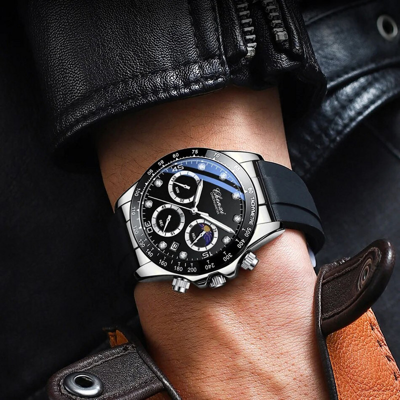 Madingi sidabriniai balti vyriški laisvalaikio laikrodžiai Chronografiniai guminiai dirželiai Prabangūs geriausio prekės ženklo verslo sportinis kvarcinis rankinis laikrodis vyrams