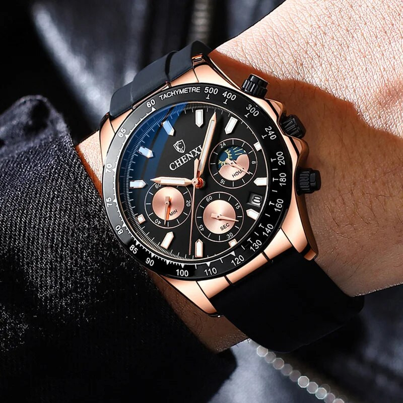 Madingi sidabriniai balti vyriški laisvalaikio laikrodžiai Chronografiniai guminiai dirželiai Prabangūs geriausio prekės ženklo verslo sportinis kvarcinis rankinis laikrodis vyrams