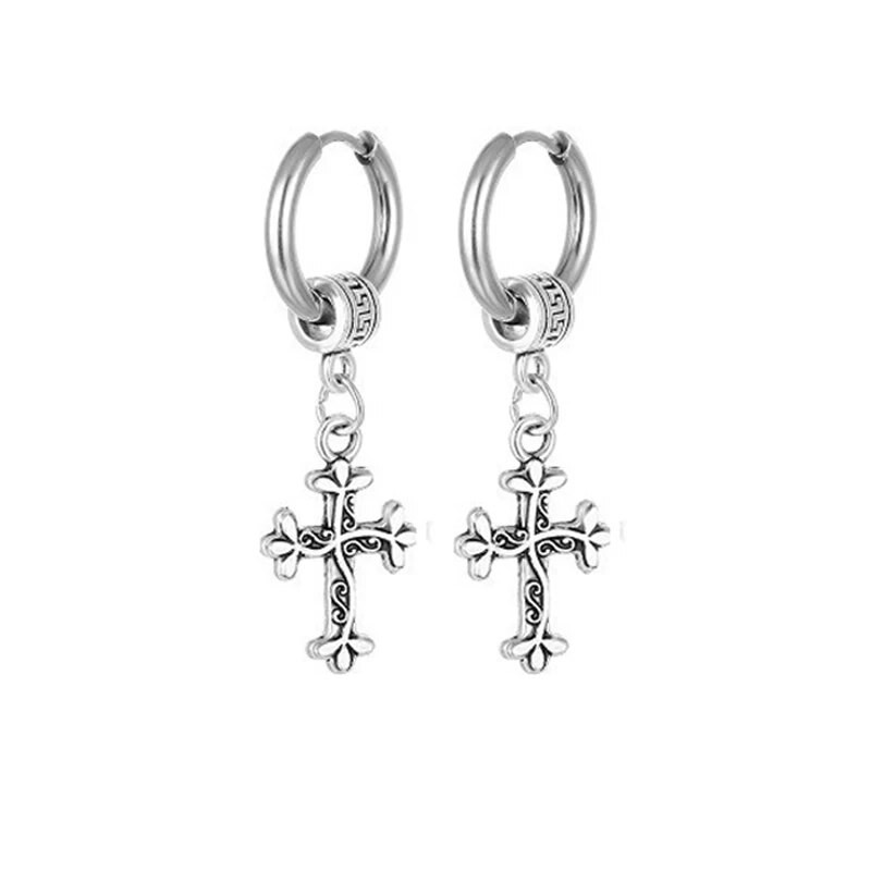 Šaunūs nerūdijančio plieno auskarai su kryžiumi kabanti Huggie Hoop auskarai, dovana moterims, vyrams