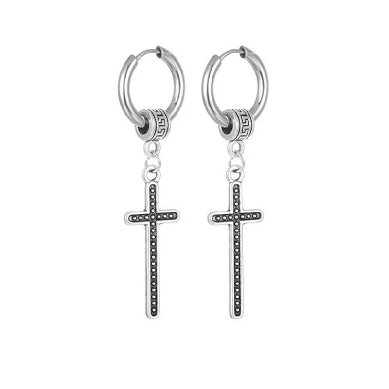 Šaunūs nerūdijančio plieno auskarai su kryžiumi kabanti Huggie Hoop auskarai, dovana moterims, vyrams
