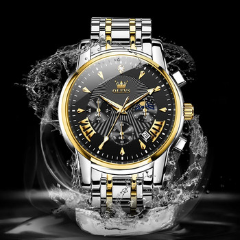 Ανδρικό ρολόι χαλαζία, μάρκας πολυτελείας OLEVS από ανοξείδωτο ατσάλι, αδιάβροχο διπλό ημερολόγιο Chronograph Ανδρική μόδα φεγγάρι Φάση Wristwat