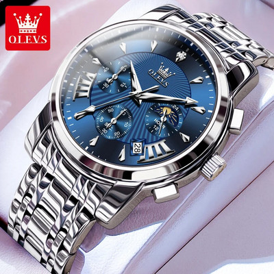 OLEVS naujas vyriškas prabangus kvarcinis laikrodis iš nerūdijančio plieno vandeniui atsparus dvigubas kalendorius Chronografas vyriškas mados mėnulio fazės rankinis laikrodis