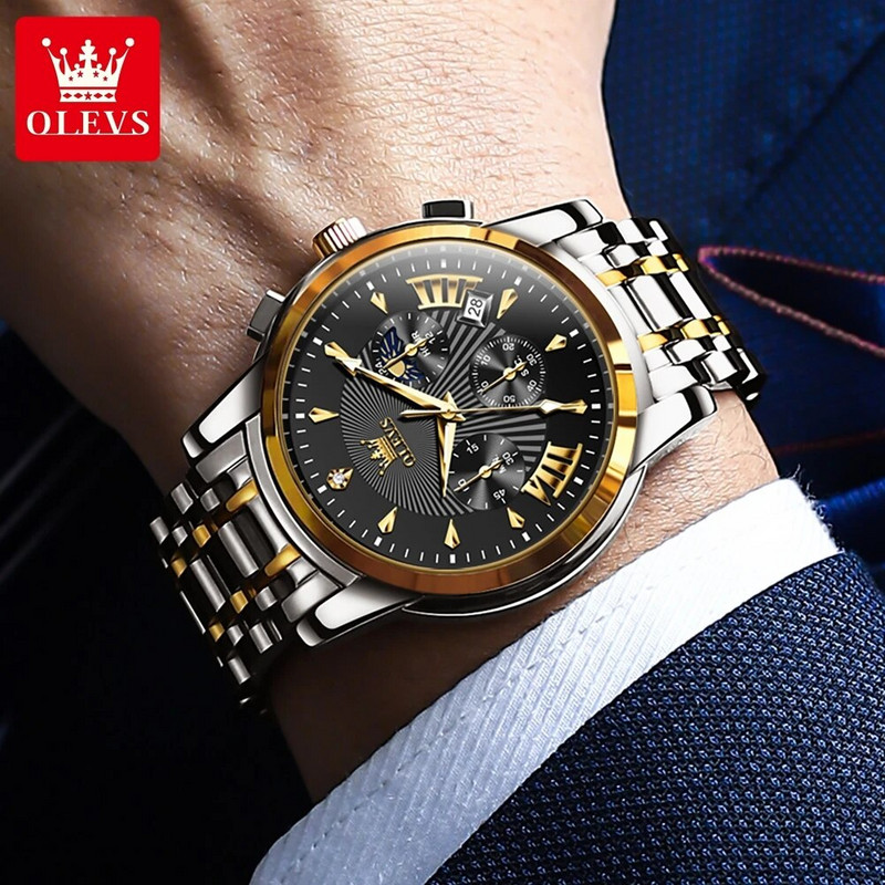 OLEVS naujas vyriškas prabangus kvarcinis laikrodis iš nerūdijančio plieno vandeniui atsparus dvigubas kalendorius Chronografas vyriškas mados mėnulio fazės rankinis laikrodis