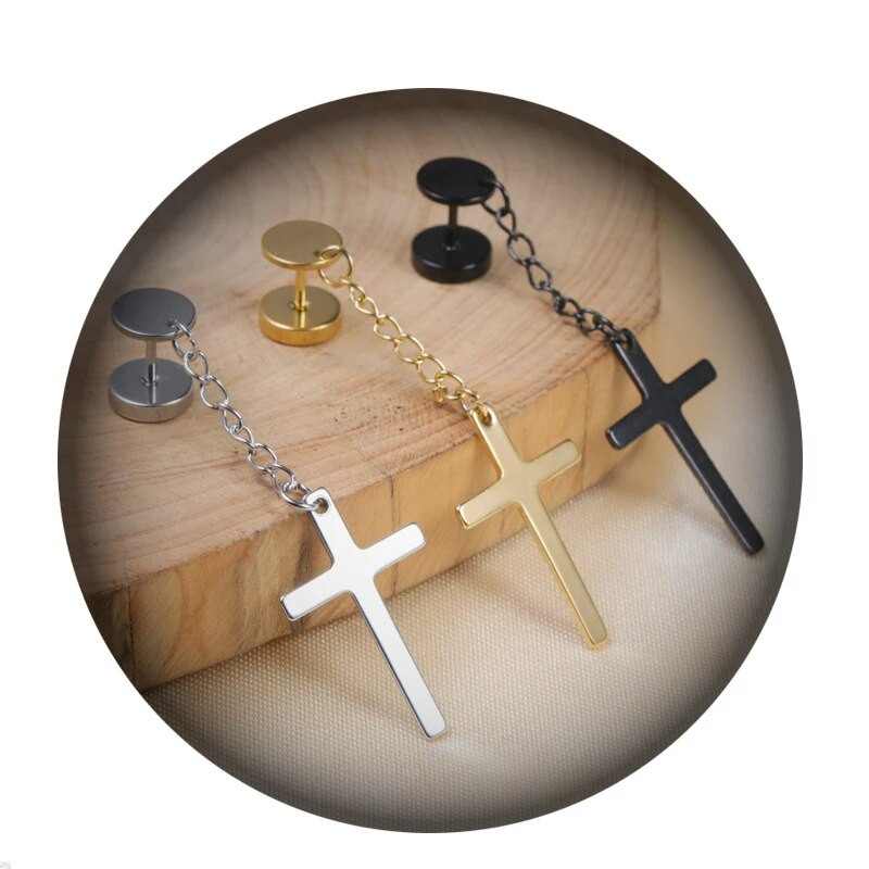 Rinhoo 1PC Punk gotičke naušnice s klinovima od nehrđajućeg čelika Crni križ Geometrijski okrugli lažni uho sa suženom bučicom Ženski rock nakit Poklon