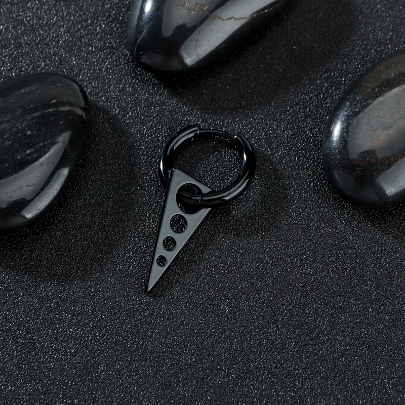 Juodas punk stiliaus kabantis trikampis su tuščiaviduriais apvaliais viengubais auskarais vyrams berniukams Huggie su šarnyriniais auskarais papuošalai