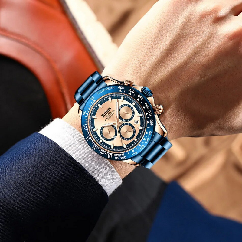 Meeste käekellad Top brändi luksuslik BIDEN hõbedane roostevabast terasest 3bar veekindel vabaaja ärisport käekell meestele kingituseks kell