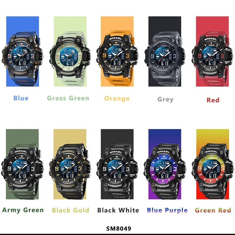 SMAEL skaitmeniniai vyriški laikrodžiai originalūs geriausio prekės ženklo sportiniai mados kasdieniai kariniai laikrodžiai, atsparūs vandeniui LED šviesa 8049
