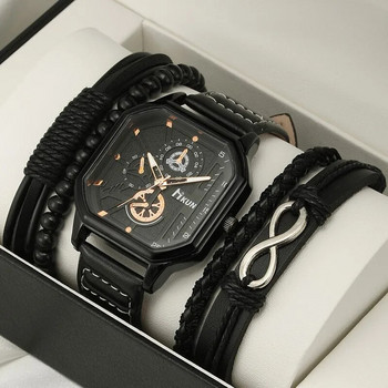 Fashion Top Πολυτελές ανδρικό ρολόι τετράγωνο Μικρό δερμάτινο λουράκι τριών ακίδων Ανδρικό ρολόι σετ χρονοδιακόπτη Κουτί δώρου