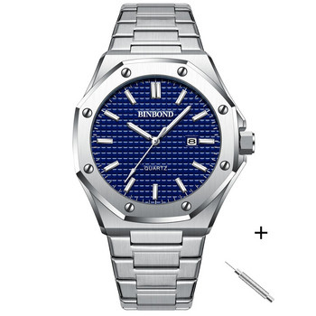 BINBOND B0233 Модни ежедневни мъжки часовници Голям циферблат Сребърен календар от неръждаема стомана Кварцов ръчен часовник Класически топ марка мъжки часовник