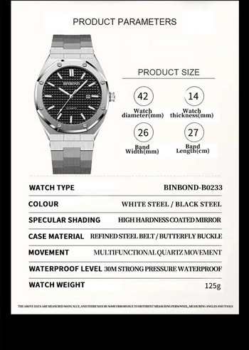BINBOND B0233 Fashion Casual Ανδρικά Ρολόγια Big Dial Ασημί από ανοξείδωτο ατσάλι Ημερολόγιο Χαλαζίας Κλασικό Κορυφαίο Αντρικό Ρολόι
