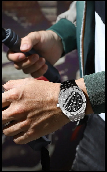BINBOND B0233 Модни ежедневни мъжки часовници Голям циферблат Сребърен календар от неръждаема стомана Кварцов ръчен часовник Класически топ марка мъжки часовник