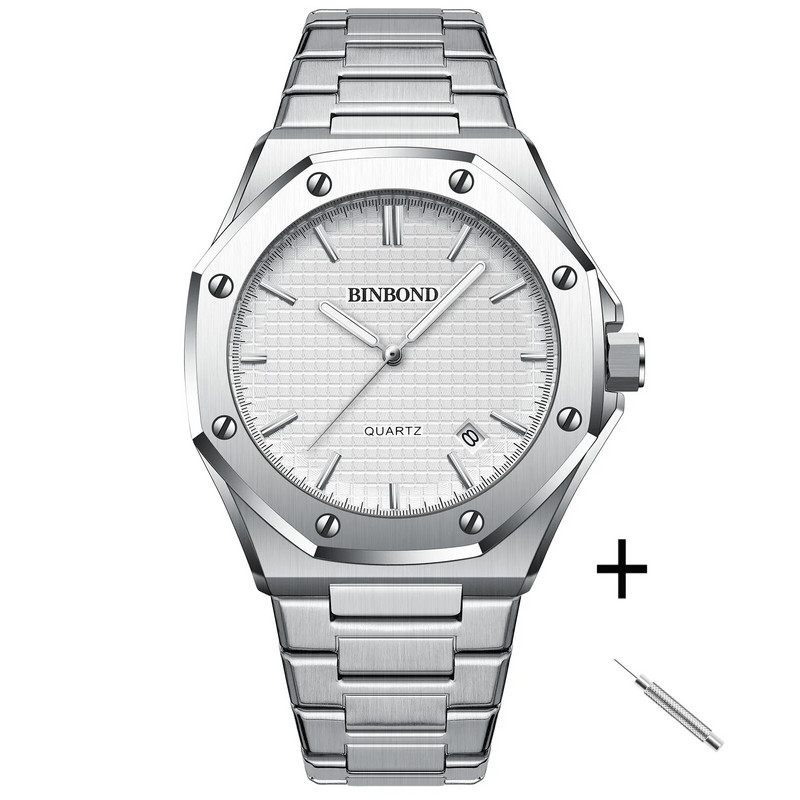 BINBOND B0233 Fashion Casual Ανδρικά Ρολόγια Big Dial Ασημί από ανοξείδωτο ατσάλι Ημερολόγιο Χαλαζίας Κλασικό Κορυφαίο Αντρικό Ρολόι