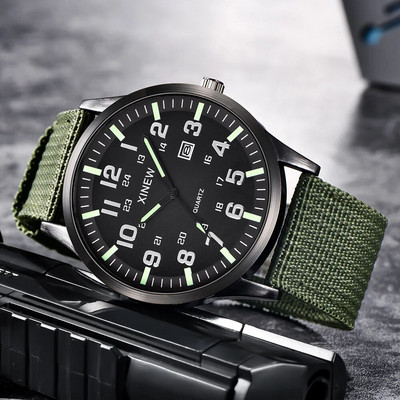 Relogio Masculino XINEW Ceas Sport Bărbați, Bandă de pânză verde de modă, Ceasuri de mână cu cuarț, cu dată automată, Ceasuri militare pentru bărbați