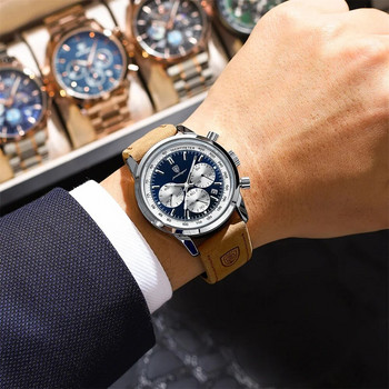 POEDAGAR Мъжки часовници Луксозен кварцов часовник с хронограф от най-добра марка за мъже Висококачествен кожен водоустойчив светещ календарен часовник