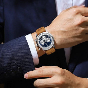 POEDAGAR Мъжки часовници Луксозен кварцов часовник с хронограф от най-добра марка за мъже Висококачествен кожен водоустойчив светещ календарен часовник