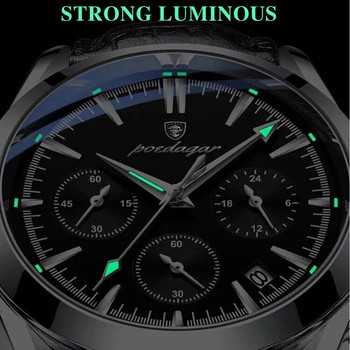 Кожени мъжки часовници POEDAGAR Нов моден ежедневен водоустойчив светещ кварцов часовник с дата Спортен часовник Relogio Masculino Подарък