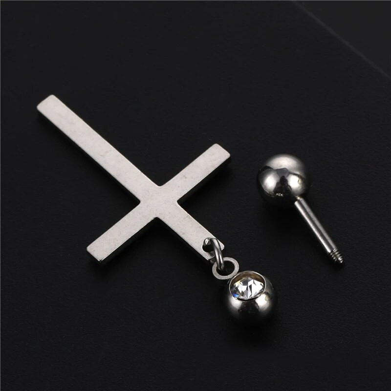 Cross Dangle σκουλαρίκια από ανοξείδωτο ατσάλι Piercing CZ Stud για άνδρες Γυναικεία Ασημένιο σκουλαρίκι σε μαύρο τόνο