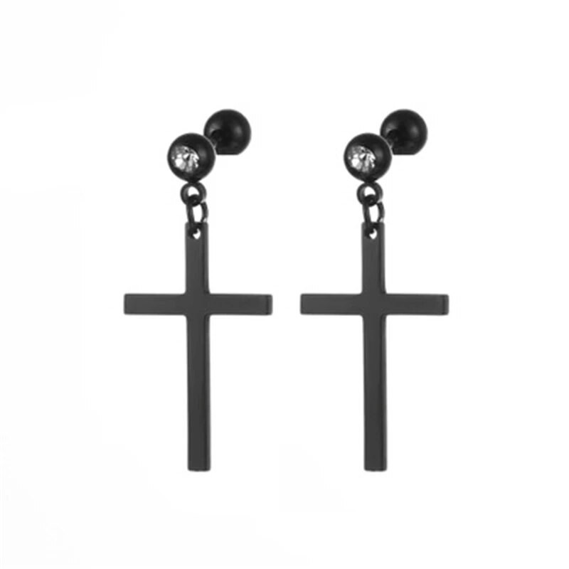 Cross Dangle σκουλαρίκια από ανοξείδωτο ατσάλι Piercing CZ Stud για άνδρες Γυναικεία Ασημένιο σκουλαρίκι σε μαύρο τόνο