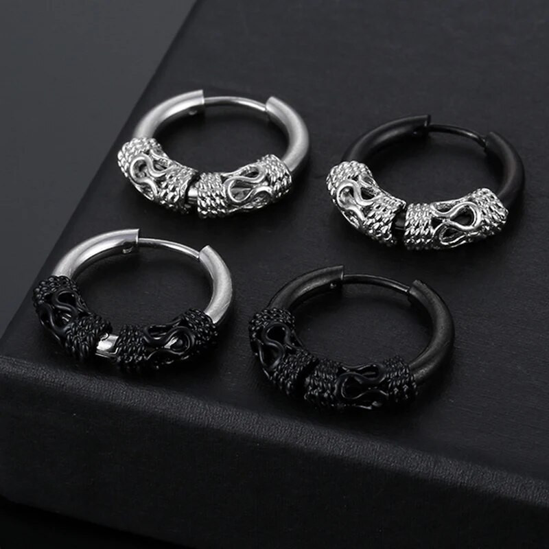 Srebrne crne vintage naušnice s prstenom za muškarce, žene, kirurške punk naušnice od nehrđajućeg čelika