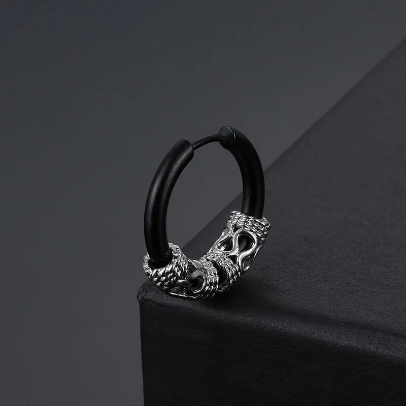 Srebrne crne vintage naušnice s prstenom za muškarce, žene, kirurške punk naušnice od nehrđajućeg čelika