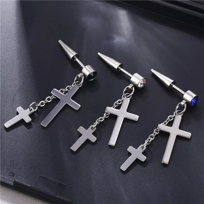 1 Pcs Stainless Steel Punk Cross Stud Earrings With Chain And Rhinestone For Men Cool Women Hip Hop Pirecing Earring Jewelry
