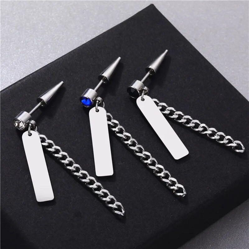 1 gab. Nerūsējošā tērauda Punk Cross Stud Stud Auskari ar Ķēdi un Rhinestone Vīriešiem Forši sieviešu Hip Hop Pirecing Auskari Rotaslietas