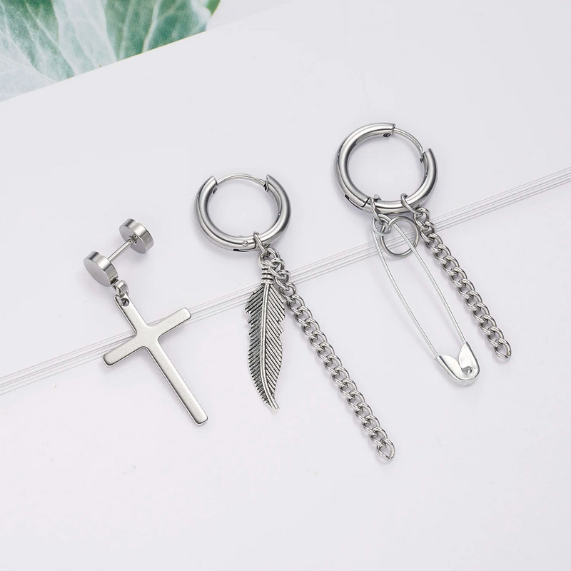 Rinhoo 1 tk mood meeste punk roostevabast terasest kõrvarõngad, lehed, ristnõelad, sulgedest tutt, pika ketiga ripats, kingitud unisex kõrvarõngas