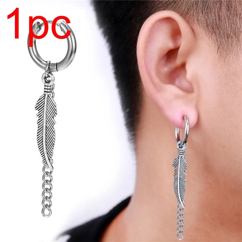 Rinhoo 1 tk mood meeste punk roostevabast terasest kõrvarõngad, lehed, ristnõelad, sulgedest tutt, pika ketiga ripats, kingitud unisex kõrvarõngas