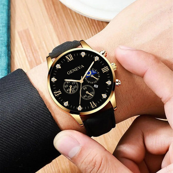 2PCS Мъжка мода Класически мъжки часовници Многофункционален тренд Бизнес Календар Колан Кварцов часовник Лъвска гривна от сплав