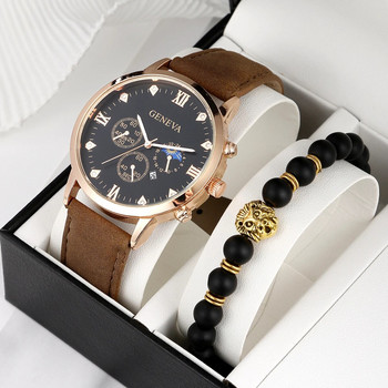 2PCS Мъжка мода Класически мъжки часовници Многофункционален тренд Бизнес Календар Колан Кварцов часовник Лъвска гривна от сплав