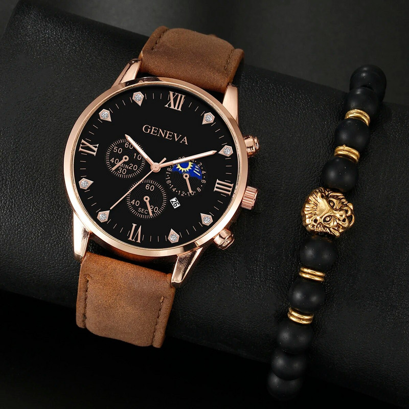 2PCS Ανδρικά Μόδα Κλασικά Ανδρικά Ρολόγια Ευέλικτο Επαγγελματικό ημερολόγιο Τάσης Ζώνη Ρολόι χαλαζία Βραχιόλι Lion Alloy