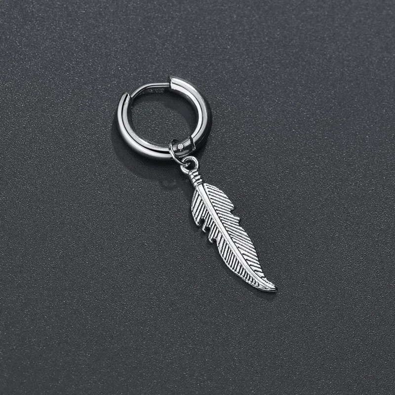 Senovinių lapų titano plieno plunksnų pakabukas su lanku auskarai korėjietiški papuošalai unisex pihop punk biker stiliaus