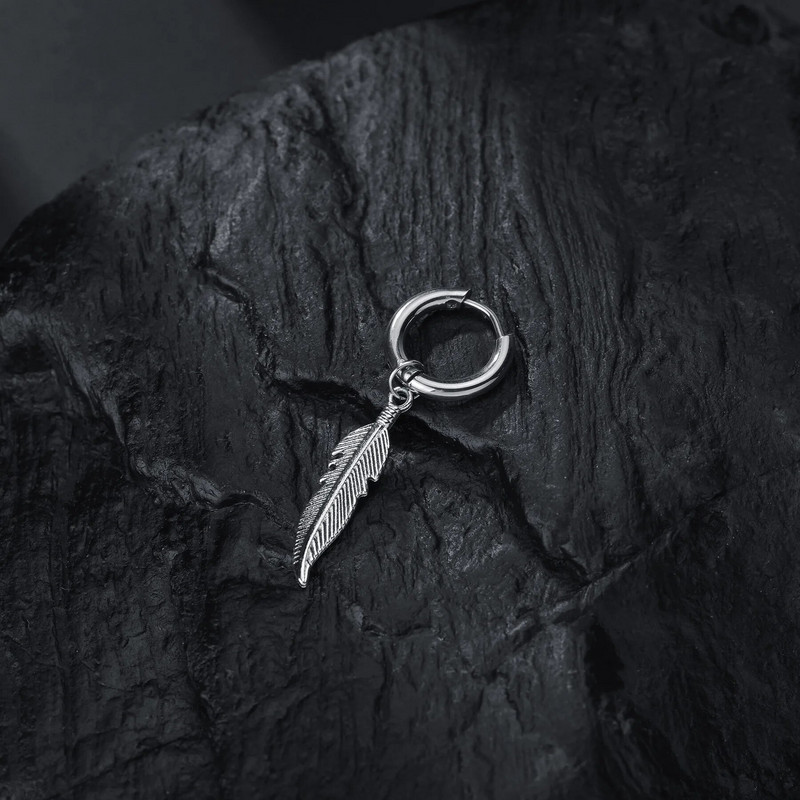 Senovinių lapų titano plieno plunksnų pakabukas su lanku auskarai korėjietiški papuošalai unisex pihop punk biker stiliaus
