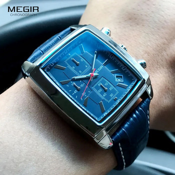 Megir Rectangle Dial Δερμάτινο ρολόι με λουράκι για άνδρες Casual μπλε ρολόγια χαλαζία χρονογράφου Ανδρικό ρολόι χειρός montre reloj часы мужские