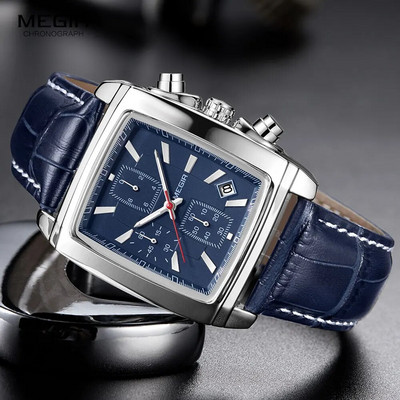 Megir taisnstūra ciparnīcas ādas siksniņas pulkstenis vīriešiem ikdienas zils hronogrāfs kvarca pulksteņi Man Rokas pulkstenis montre reloj часы мужские
