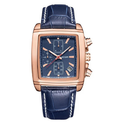 Megir Rectangle Dial Δερμάτινο ρολόι με λουράκι για άνδρες Casual μπλε ρολόγια χαλαζία χρονογράφου Ανδρικό ρολόι χειρός montre reloj часы мужские