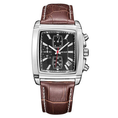 Megir Rectangle Dial Δερμάτινο ρολόι με λουράκι για άνδρες Casual μπλε ρολόγια χαλαζία χρονογράφου Ανδρικό ρολόι χειρός montre reloj часы мужские