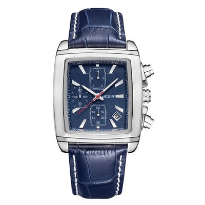 Megir Rectangle Dial Δερμάτινο ρολόι με λουράκι για άνδρες Casual μπλε ρολόγια χαλαζία χρονογράφου Ανδρικό ρολόι χειρός montre reloj часы мужские
