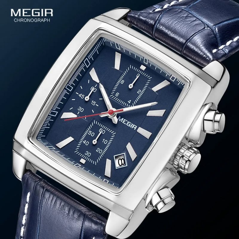 Megir Rectangle Dial Δερμάτινο ρολόι με λουράκι για άνδρες Casual μπλε ρολόγια χαλαζία χρονογράφου Ανδρικό ρολόι χειρός montre reloj часы мужские