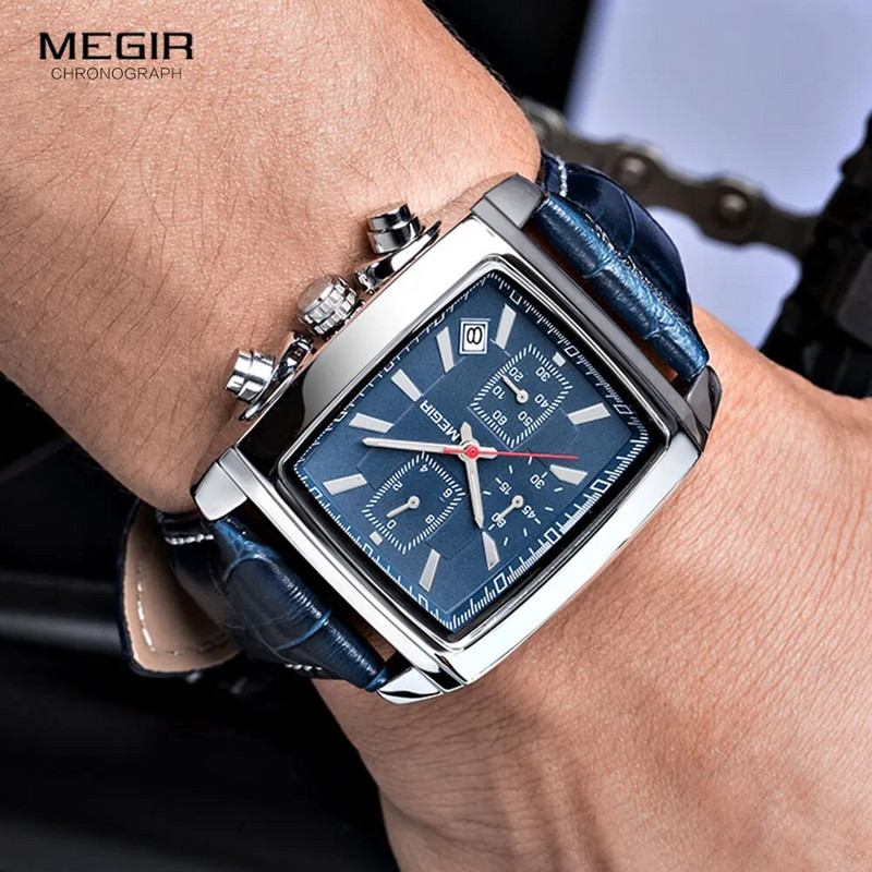 Megir Rectangle Dial Δερμάτινο ρολόι με λουράκι για άνδρες Casual μπλε ρολόγια χαλαζία χρονογράφου Ανδρικό ρολόι χειρός montre reloj часы мужские